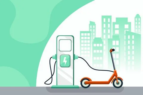 Red kick scooter charging Stock Illustration