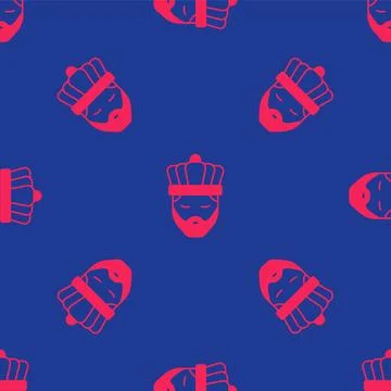 Red King with crown icon isolated seamless pattern on blue background. Vector 스톡 일러스트