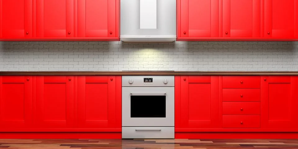 Red kitchen cabinets and eletric stove and hood, ceramic tiles wall and woode Illustrazione stock