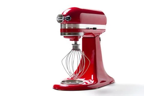 Red kitchen mixer on a white background and copy space. Stock Photos