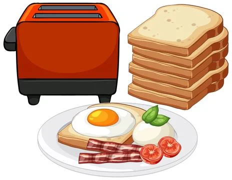Red Kitchen Toaster with Sliced Bread and Fried Egg Breakfast Plate Illustrazione stock