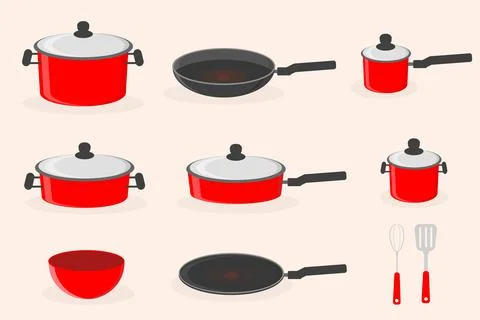 Red kitchen utensils set pots pans for cooking vector illustration Stock Illustration