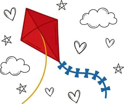 Red Kite with Doodle Clouds and Hearts on White Background. Stock Illustration