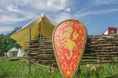 Red knights shield with family coat of arms on grass Stock Photos