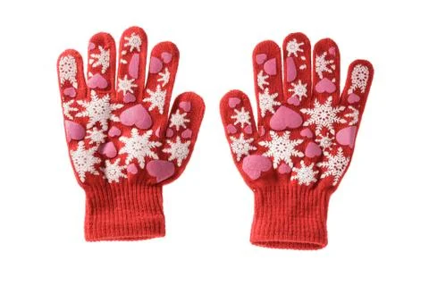 Red knitted cloth kid gloves with pattern  isolated on white background. Stock Photos