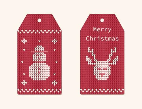 Red Knitted Sweater Pattern Christmas Gift Tags Set with Reindeer and Merry.. Stock Illustration