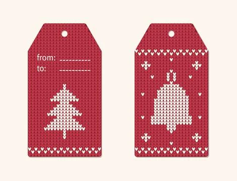 Red Knitted Sweater Pattern Christmas Gift Tags Set with Tree Bell Design a.. Stock Illustration