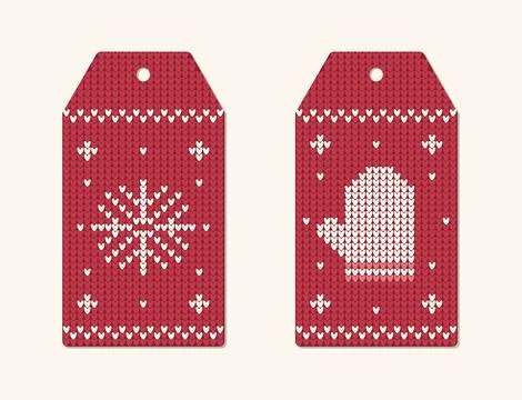 Red Knitted Sweater Pattern Christmas Gift Tags Set with Snowflake and Mitt.. Stock Illustration