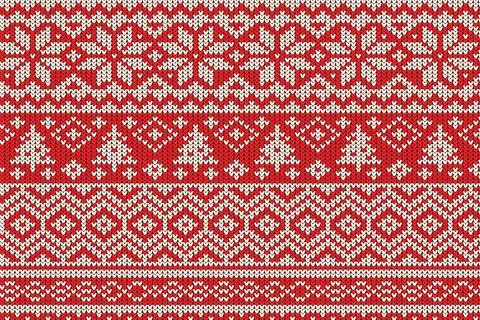 Red knitting Christmas vector background snowflakes Stock Illustration