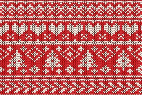 Red knitting Christmas vector background tree and heart Illustrazione stock