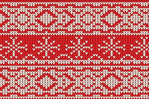 Red knitting Christmas vector background snowflakes Illustrazione stock