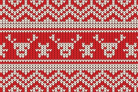 Red knitting Christmas vector background deer Stock Illustration