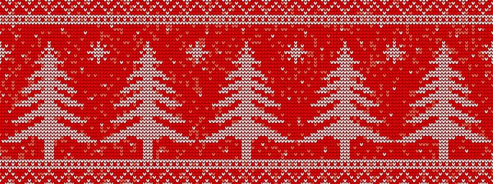 Red knitting seamless pattern background with christmas trees and snowflakes. Stock Illustration