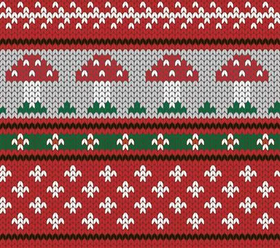 Red knitting seamless pattern with Sinek Agaric. 스톡 일러스트