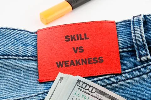 A red label on denim shows the words skill versus weakness. Nearby, a stack o Stock Photos