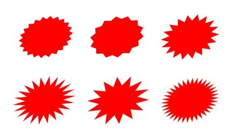 Red label star shape, red starburst graphic, sticker tag for sale advertising Illustrazione stock