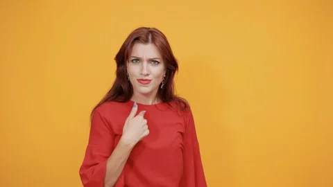 Red lady is avoiding something as she hates it. Stock Footage 120280645