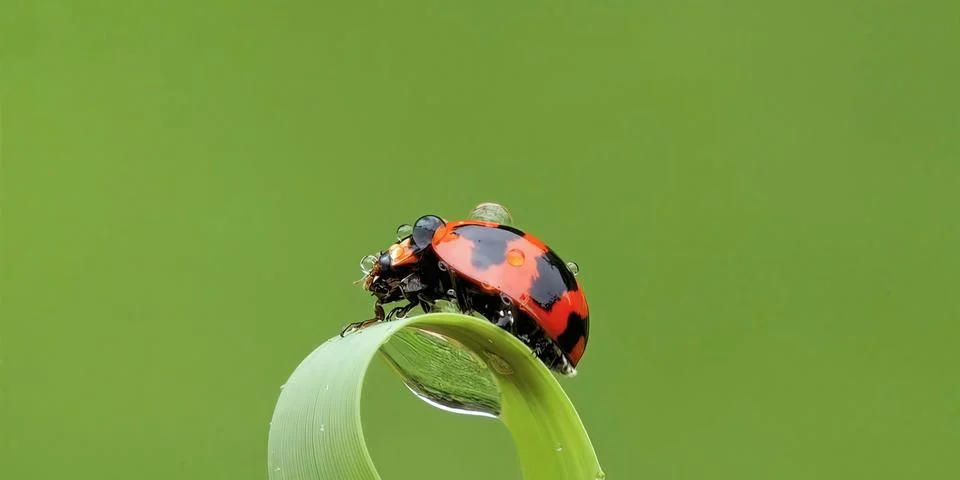 Red Ladybug on Green Leaf Macro Photography Foto stock