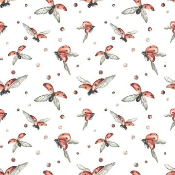 Red ladybugs with black dots flying with berries. watercolor illustration, hand Stock Illustration