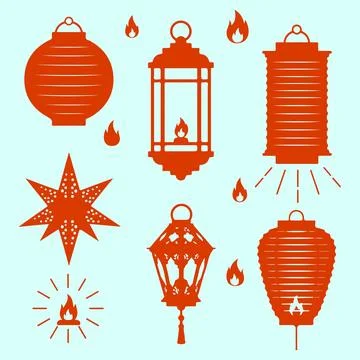 Red Lantern and Flame Silhouettes Set Stock Illustration