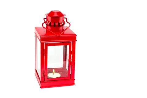 Red lantern with burning tealight on white background Stock Photos