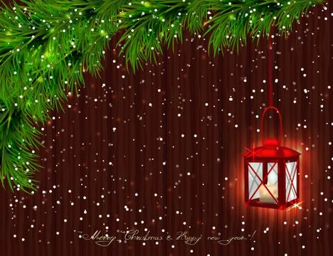 Red lantern with candle, Christmas tree branches, twigs and brow Stock Illustration