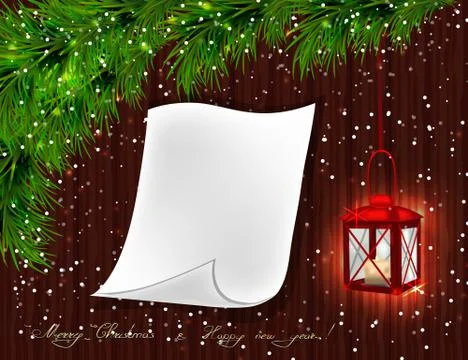 Red lantern with candle, Christmas tree branches, twigs, white s Stock Illustration