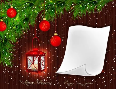 Red lantern with candle, Christmas tree branches, twigs, red Chr Stock Illustration