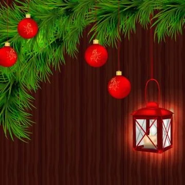 Red lantern with candle, Christmas tree branches, twigs, red Chr Stock Illustration
