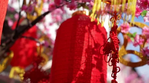 A red lantern with Chinese writing on it hangs from a tree 動画素材 325830985