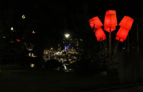 Red lantern in the dark. Фото