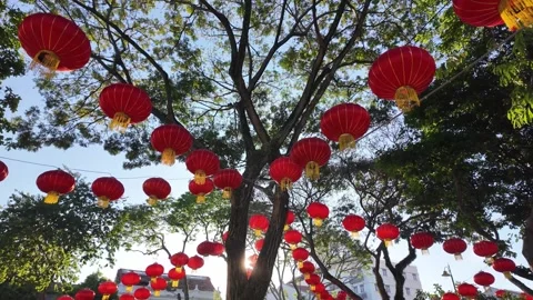 Red lantern decorations for chinese new year in george town Stock Footage 337536405