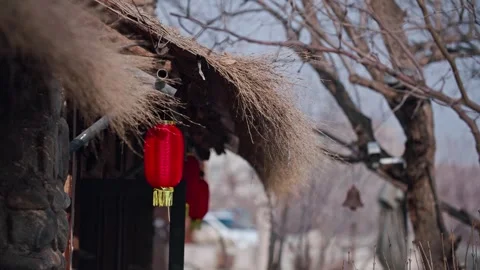 A red lantern under the eaves of a straw roof Stock Footage 256863735