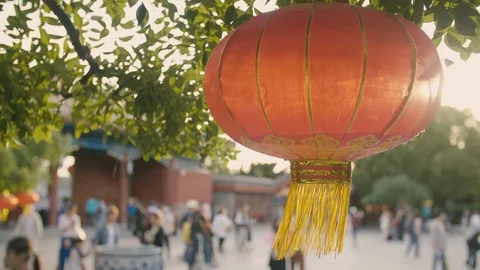 Red lantern waving in Beijing by day Stock Footage 104852345