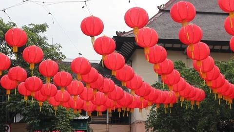Red lanterns are installed in the corners Stock Footage 300140278