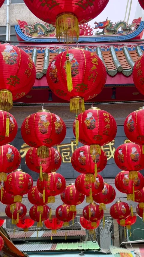 Red lanterns decoration for Lunar New Year in Chinatown Bangkok Stock Footage 336599053
