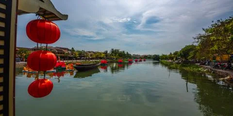 Red lanterns decorations by the Thu Bon River Hoi An , Vietnam Stock Photos