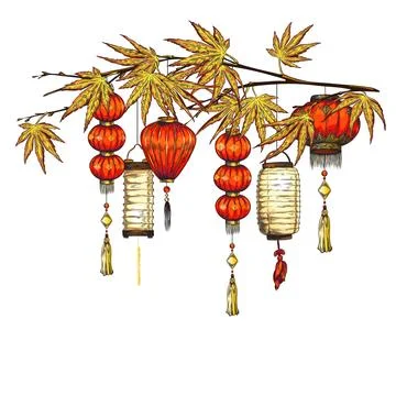 Red lanterns with gold elements and tassel on japanese maple branch, vector hand Stock Illustration