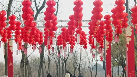 Red lanterns hung during Chinese New Year Stock Footage 170938819