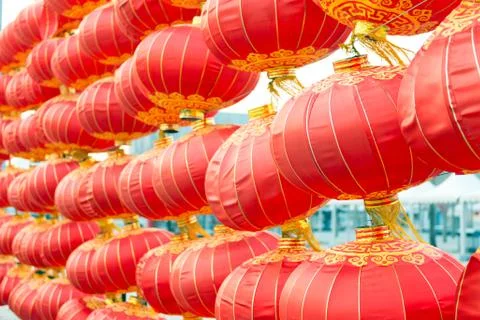Red lanterns in a line Foto stock