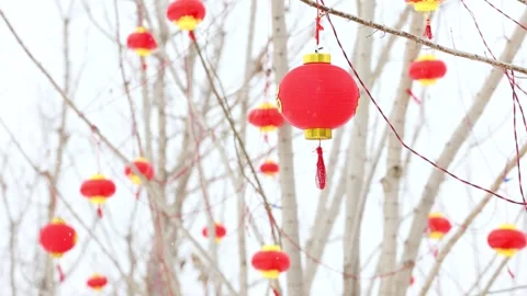 Red lanterns in the snow Stock Footage 347109646