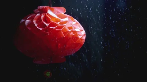 Red lanterns, Snowflakes falling close-up Stock Footage 234246166