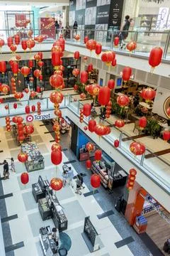 Red lanterns of various sizes and shapes hanging in Chatswood Westfield Sho.. Stock Photos