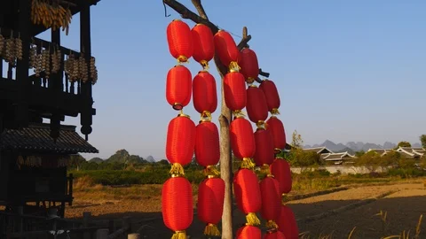 Red Lanterns in Village Stock Footage 88187977