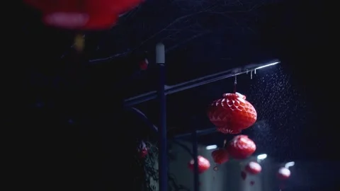 Red lanterns,close-up Snowflakes falling Stock Footage 234245877