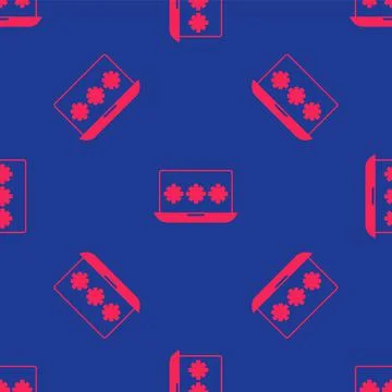 Red Laptop with password notification icon isolated seamless pattern on blue Stock Illustration