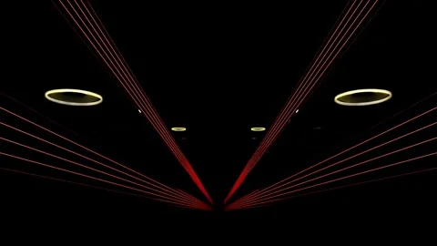 Red Laser Beams Fanning from Floor with Floating Gold Rings Stock Footage 346780784