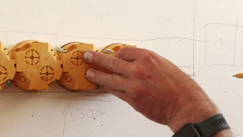 Red laser level checking accuracy of drawn wall socket layout Stock Footage 339298367