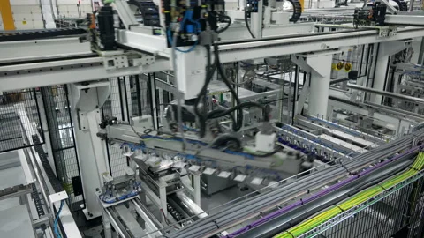 Red Laser Used In Solar Panel String Layup Process In A Photovoltaic Factory Stock Footage 137262741