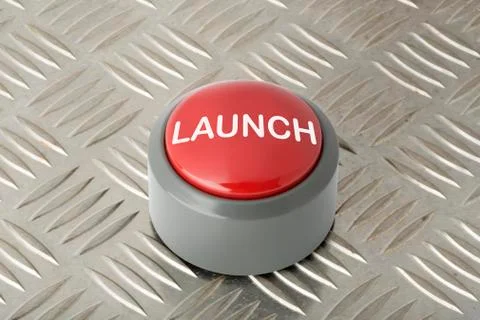 Red Launch Push Button on Aluminum Diamond Plate Background Stock Photos